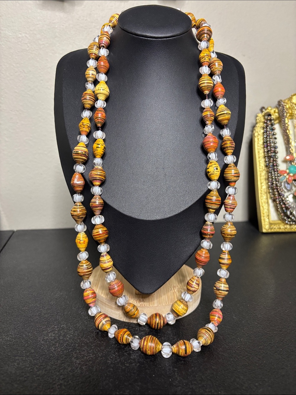 Vintage Handcrafted Paper Bead Long Yellow Orange Beaded Necklace